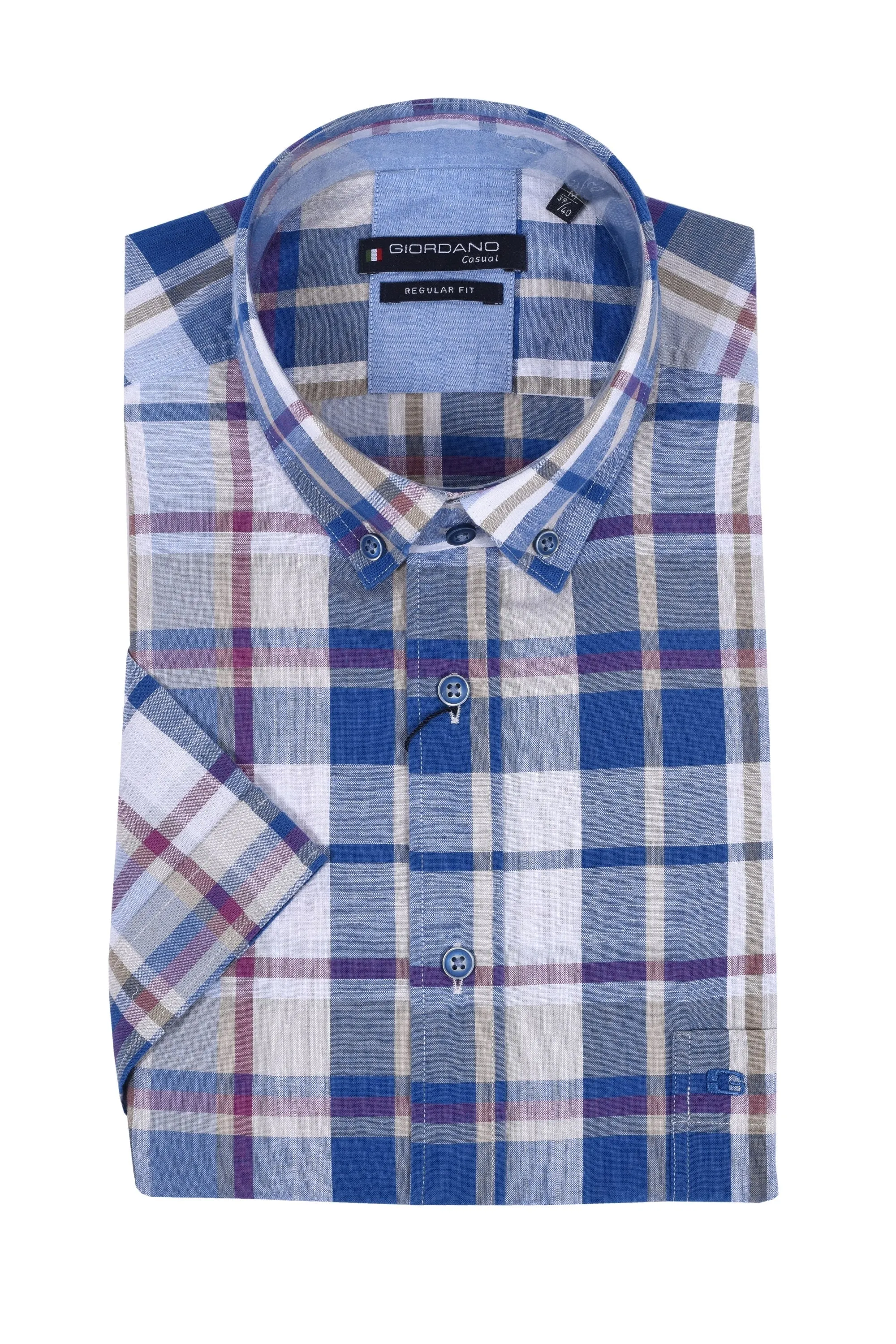 Giordano Regular Fit Short Sleeve Shirt Blue Stone Check