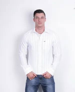 Hollister Mens M Casual Shirt White Striped Cotton Long Sleeve