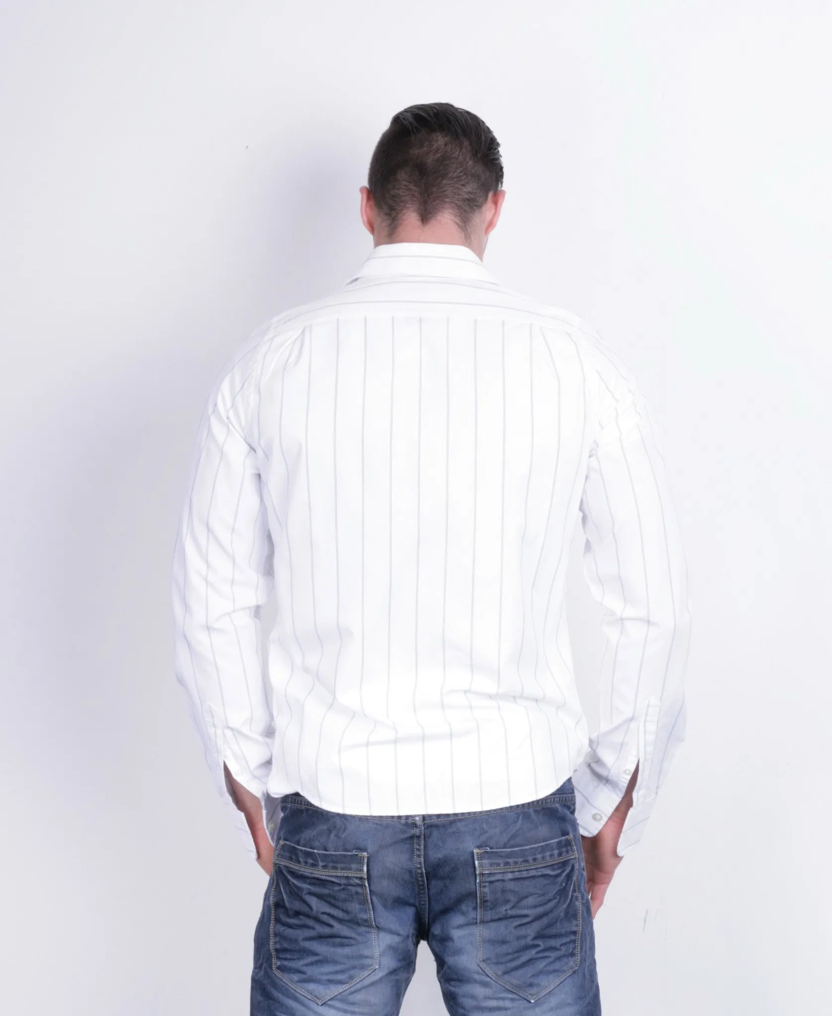 Hollister Mens M Casual Shirt White Striped Cotton Long Sleeve