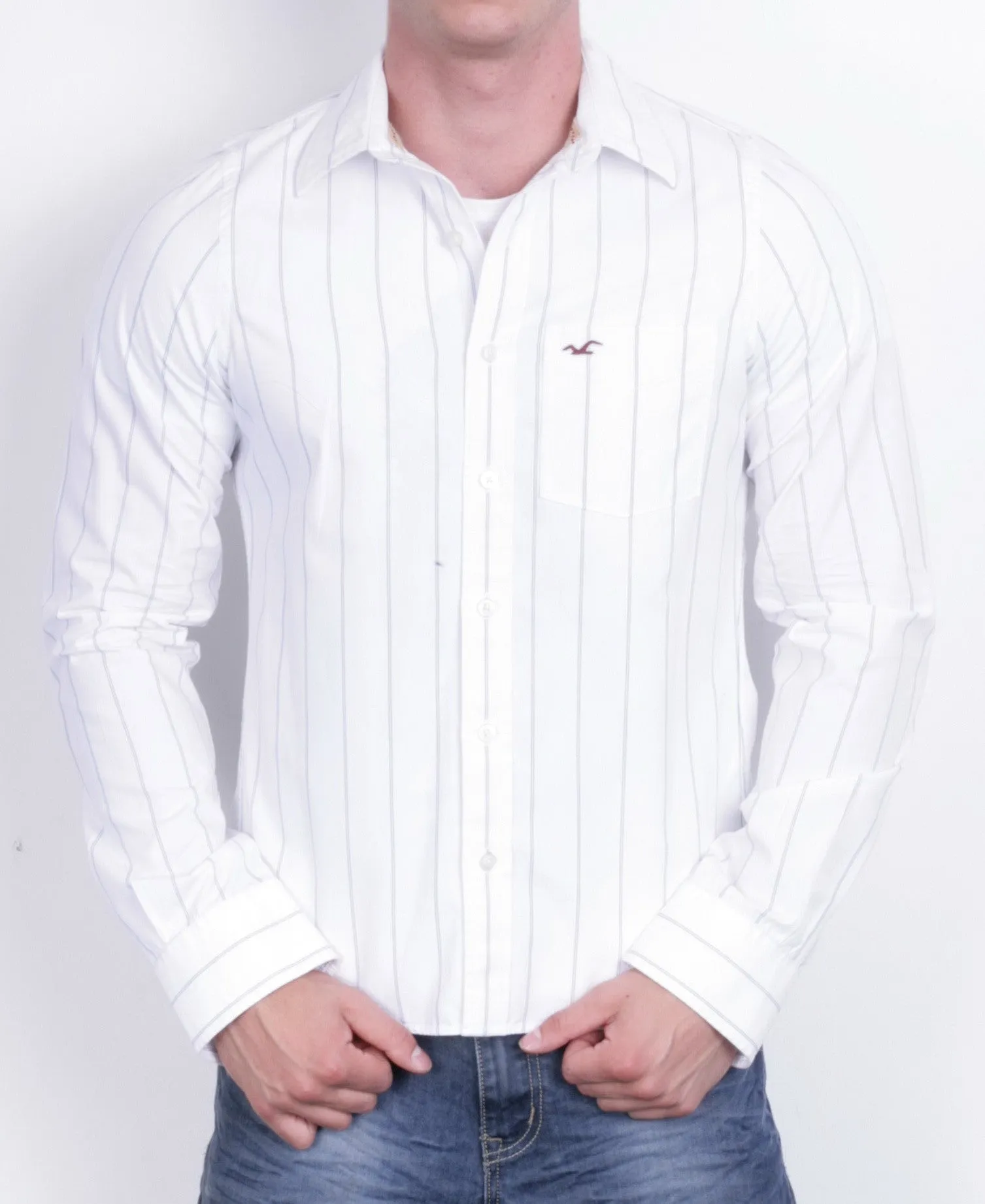 Hollister Mens M Casual Shirt White Striped Cotton Long Sleeve