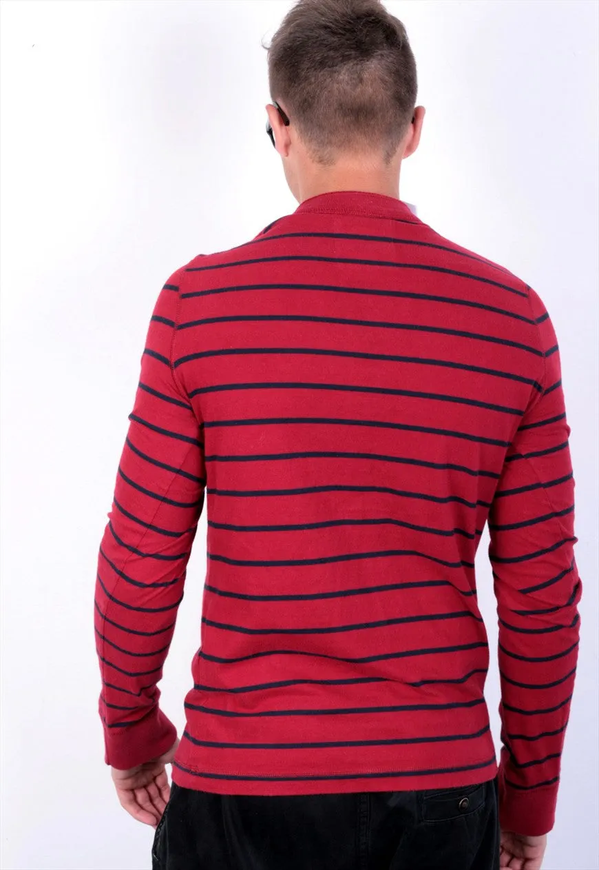 Hollister Mens M T-Shirt Long Sleeve Red Cotton Striped