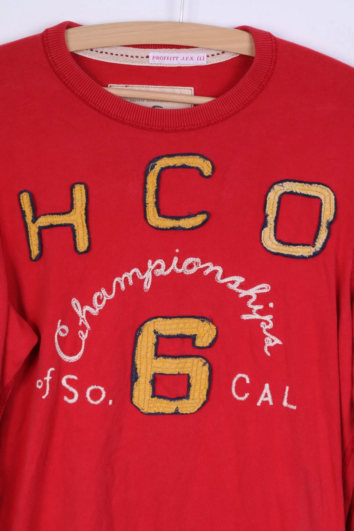 Hollister Mens S Long Sleeved Shirt Red Cotton Crew Neck Embroidered HCO