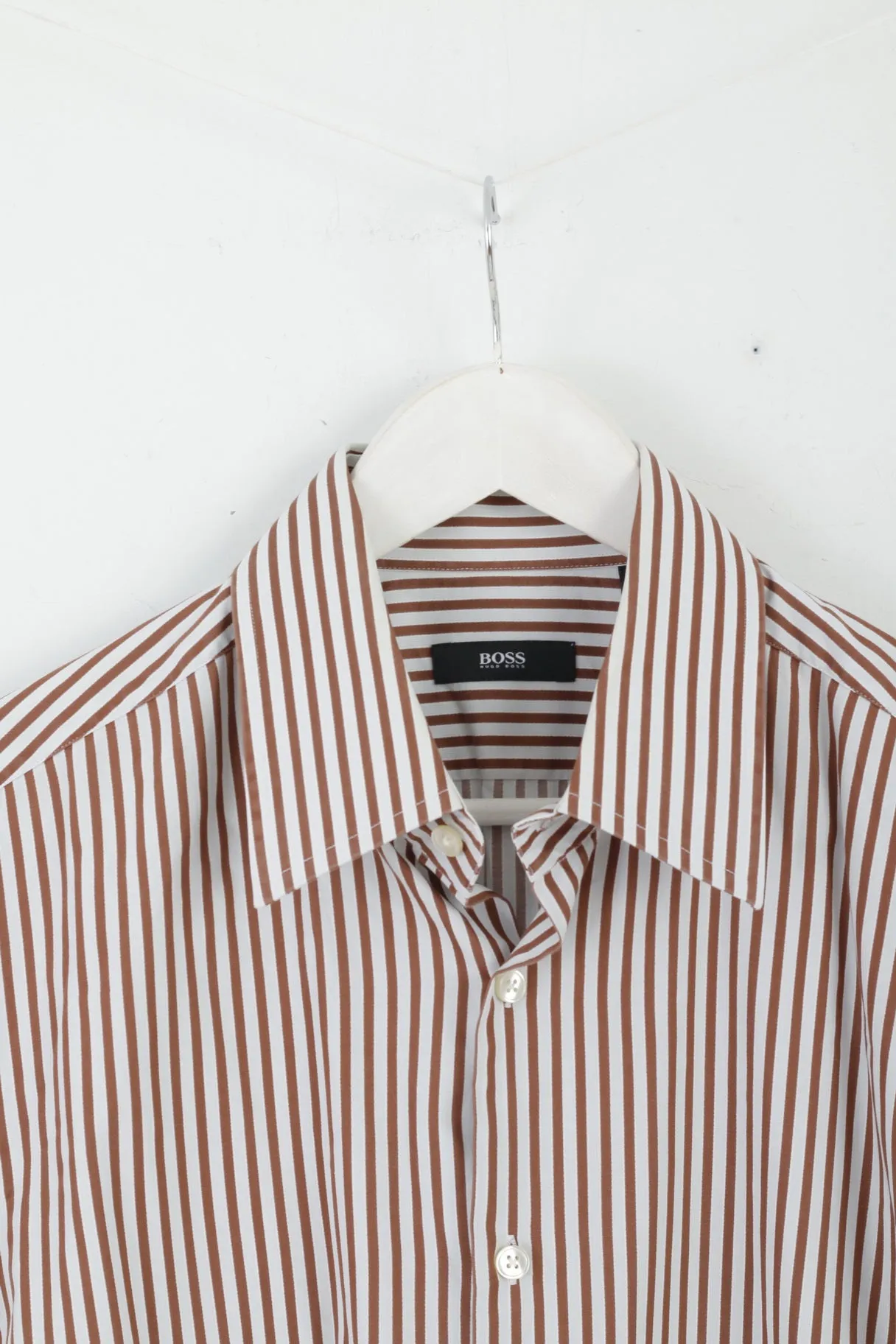 Hugo Boss Mens 42 16.5 L Casual Shirt Brown Striped Cotton Long Sleeve Regualr Top