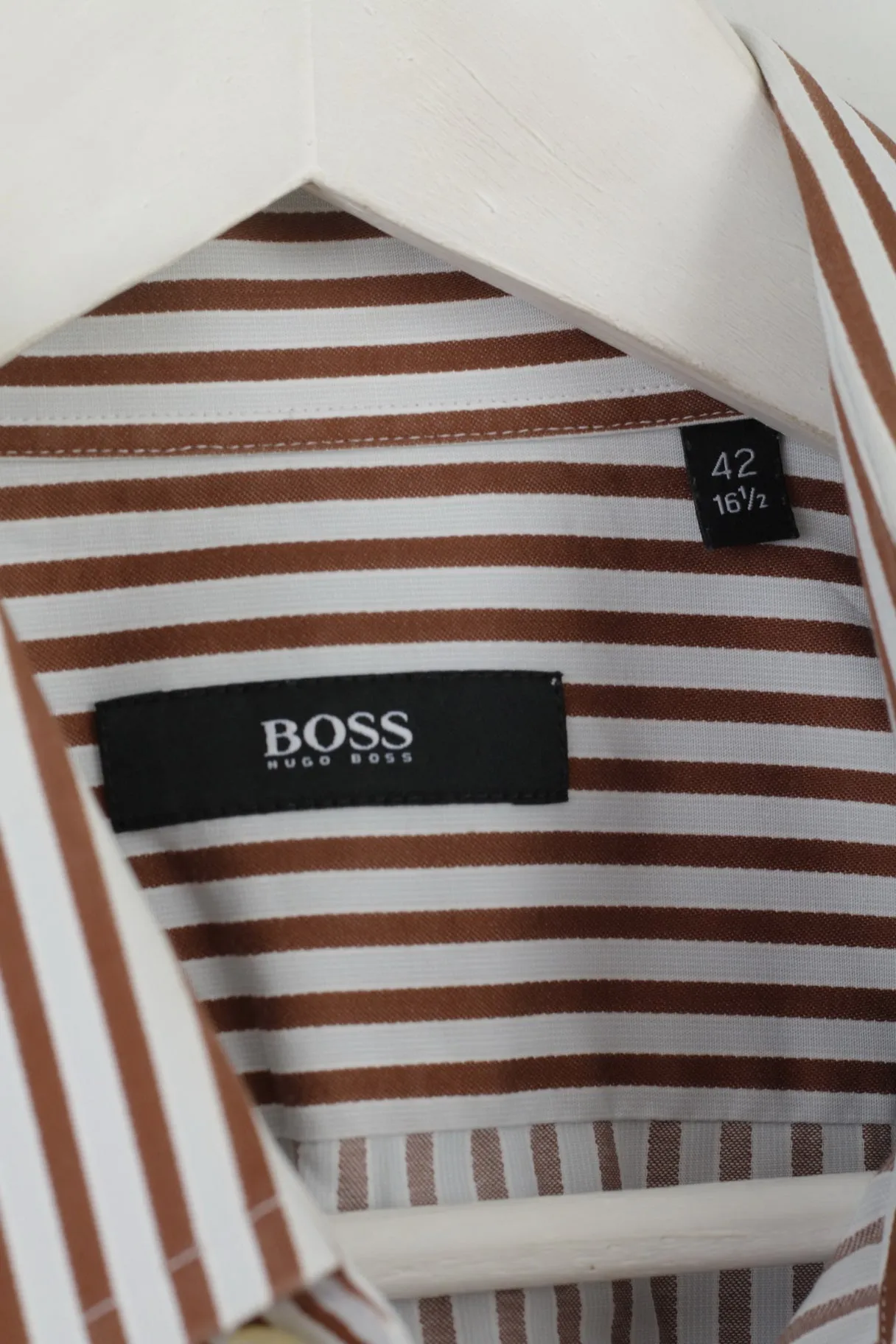 Hugo Boss Mens 42 16.5 L Casual Shirt Brown Striped Cotton Long Sleeve Regualr Top