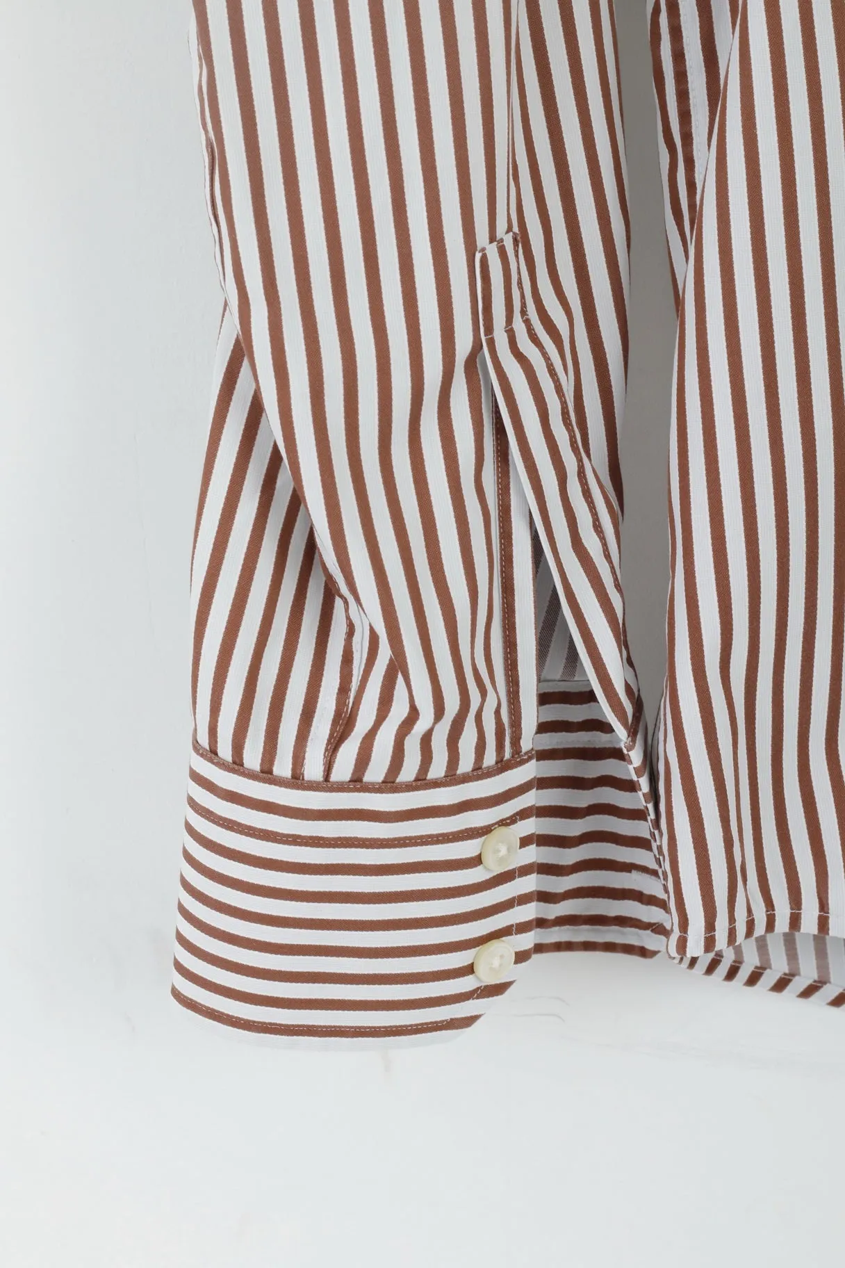Hugo Boss Mens 42 16.5 L Casual Shirt Brown Striped Cotton Long Sleeve Regualr Top