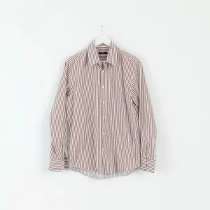 Hugo Boss Mens 42 16.5 L Casual Shirt Brown Striped Cotton Long Sleeve Regualr Top