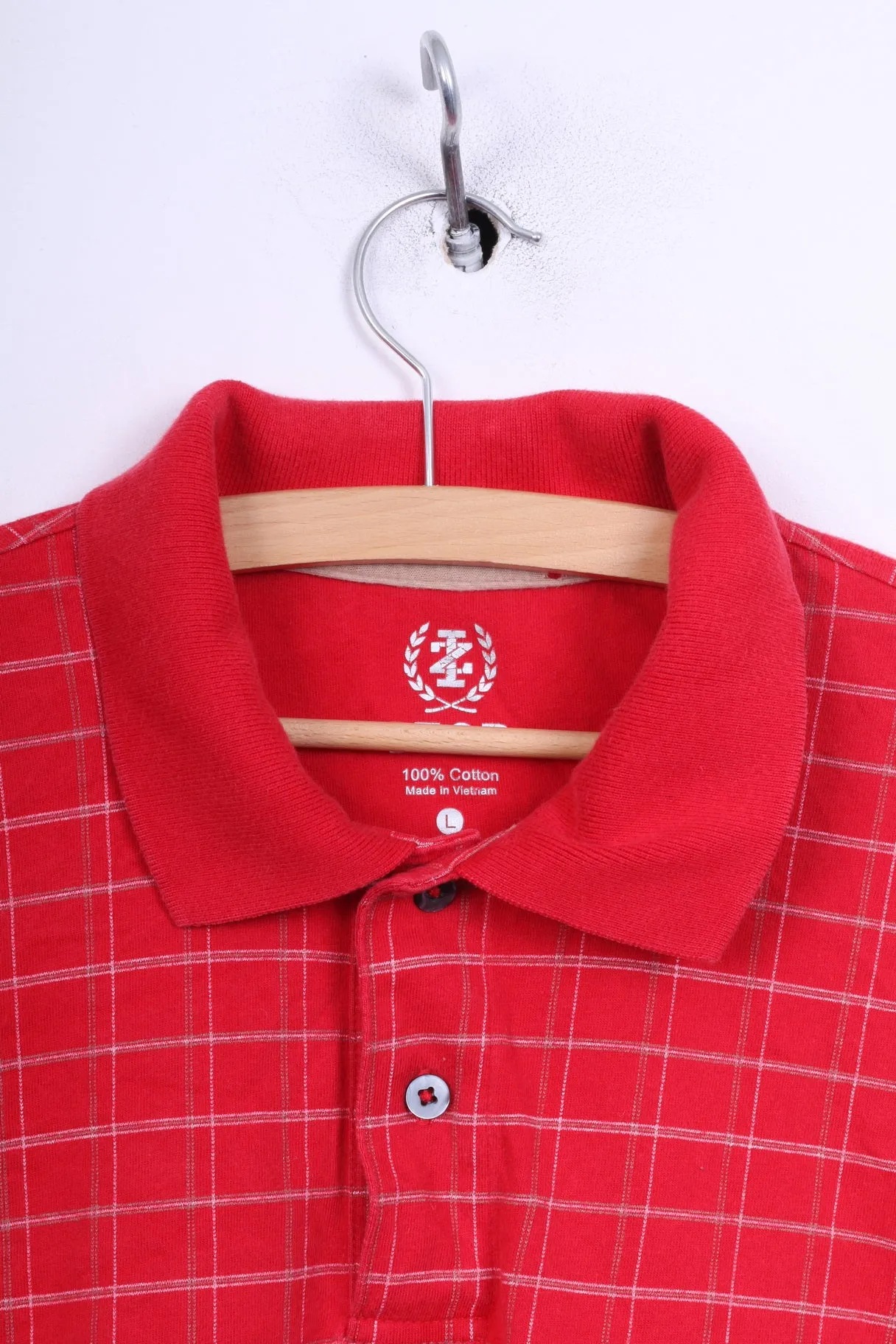Izod Mens L Polo Shirt Red Short Sleeve Cotton Check Top
