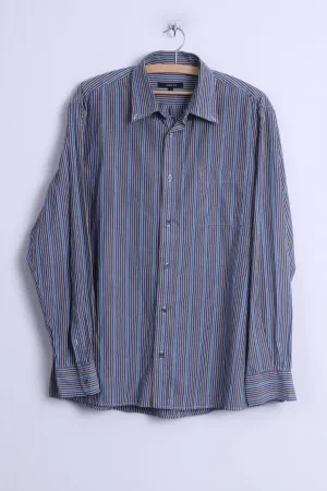 Jaeger Mens L Casual Shirt Blue Cotton Striped Button Down Collar Long Sleeve