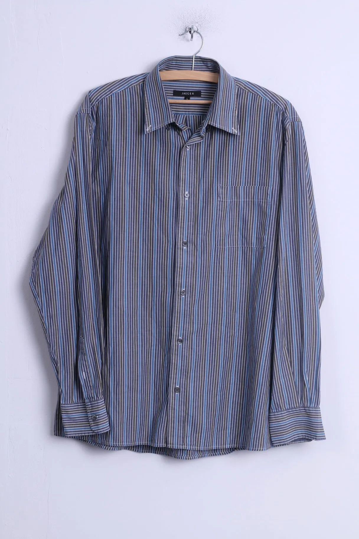 Jaeger Mens L Casual Shirt Blue Cotton Striped Button Down Collar Long Sleeve