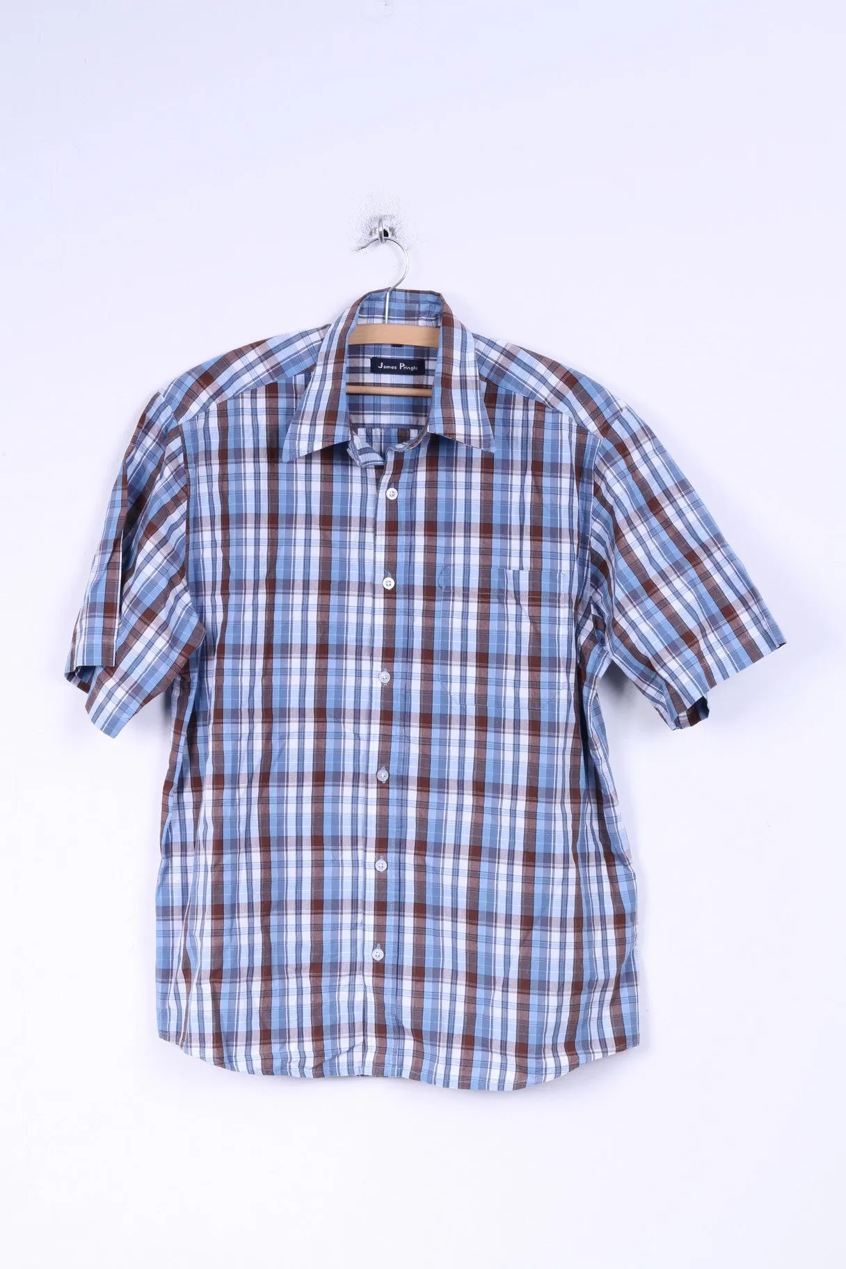James Pringle Mens M Casual Shirt Short Sleeve Check Blue Cotton