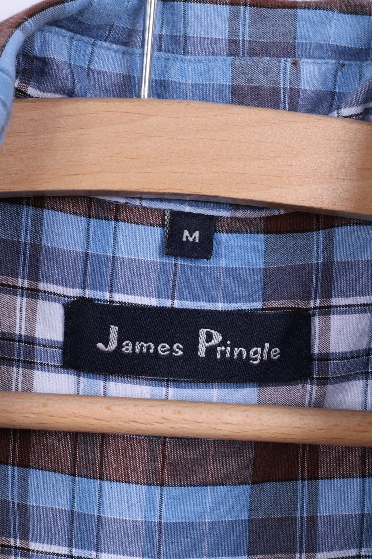 James Pringle Mens M Casual Shirt Short Sleeve Check Blue Cotton