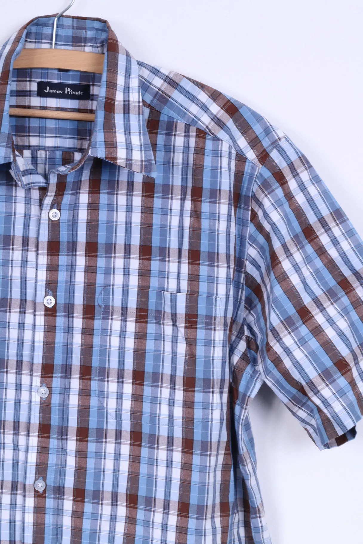 James Pringle Mens M Casual Shirt Short Sleeve Check Blue Cotton