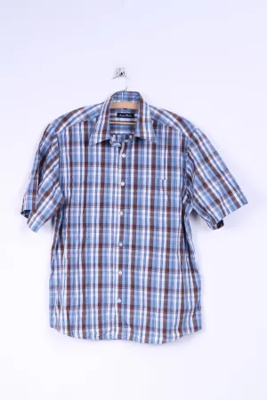 James Pringle Mens M Casual Shirt Short Sleeve Check Blue Cotton