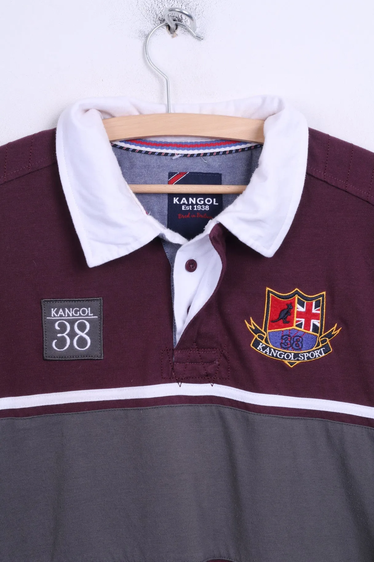 KANGOL Mens L Polo Shirt Long Sleeve Cotton Maroon Sport