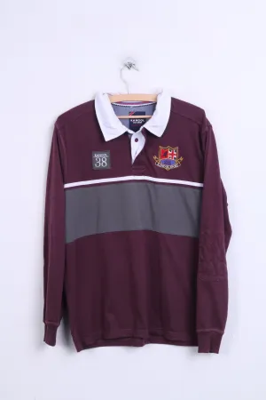KANGOL Mens L Polo Shirt Long Sleeve Cotton Maroon Sport