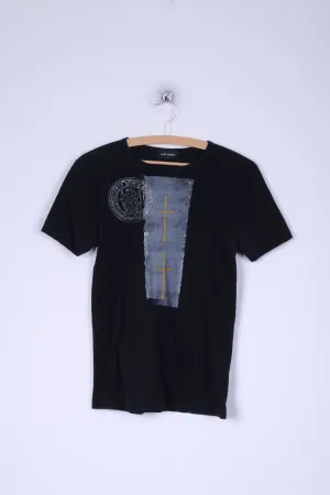 Klaus Samsoe Mens M Shirt Black Crew Neck Cotton Fitted Stretch Grpahic