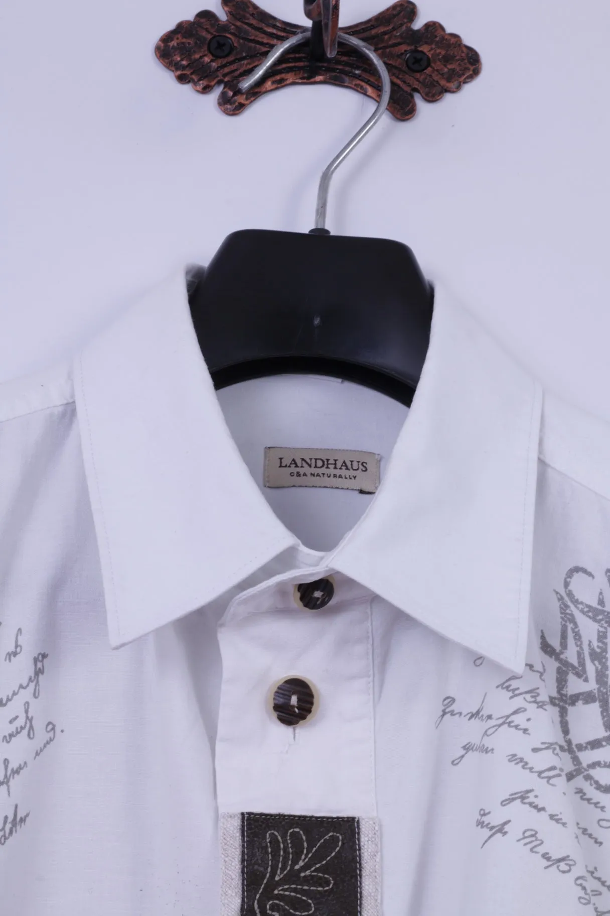 Landhaus by C&A Mens XL Casual Shirt White Cotton Naturally Detailed Tyrol Top