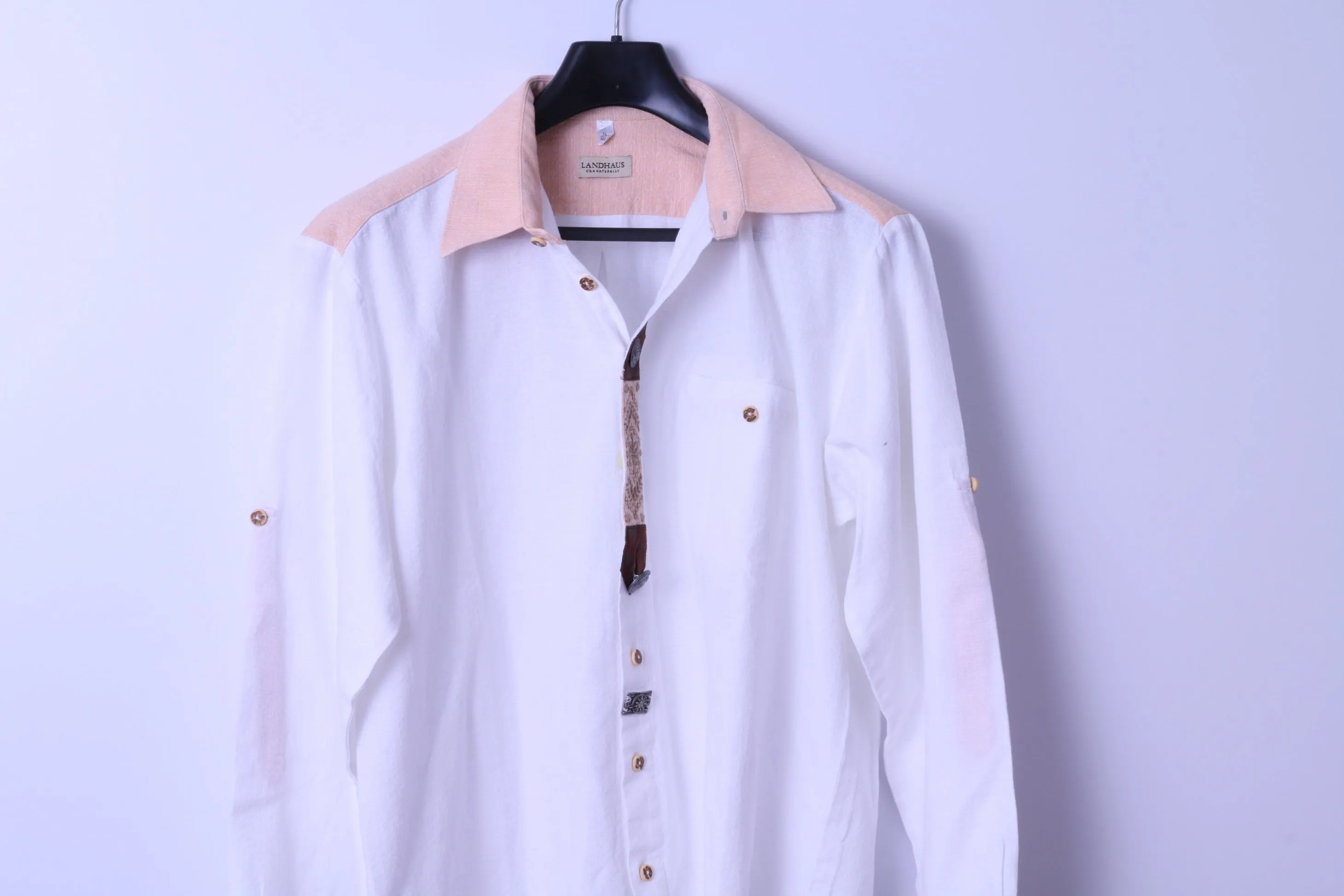 LANDHAUS C&A Naturally Mens XL 43/44 Casual Shirt White Cotton Tyrol Ebroidered Top