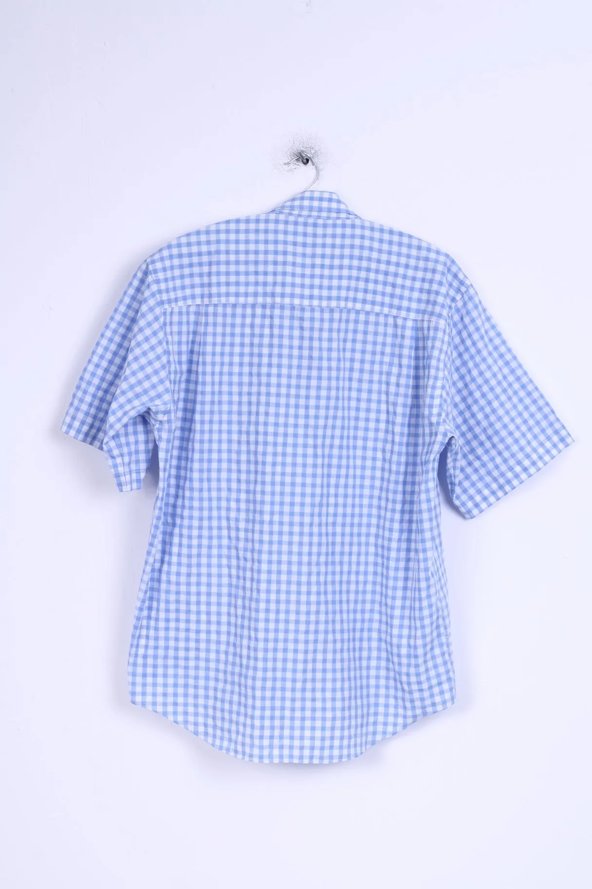 Le Frog Mens M Casual Shirt Blue Checkered Short Sleeve Button down Collar