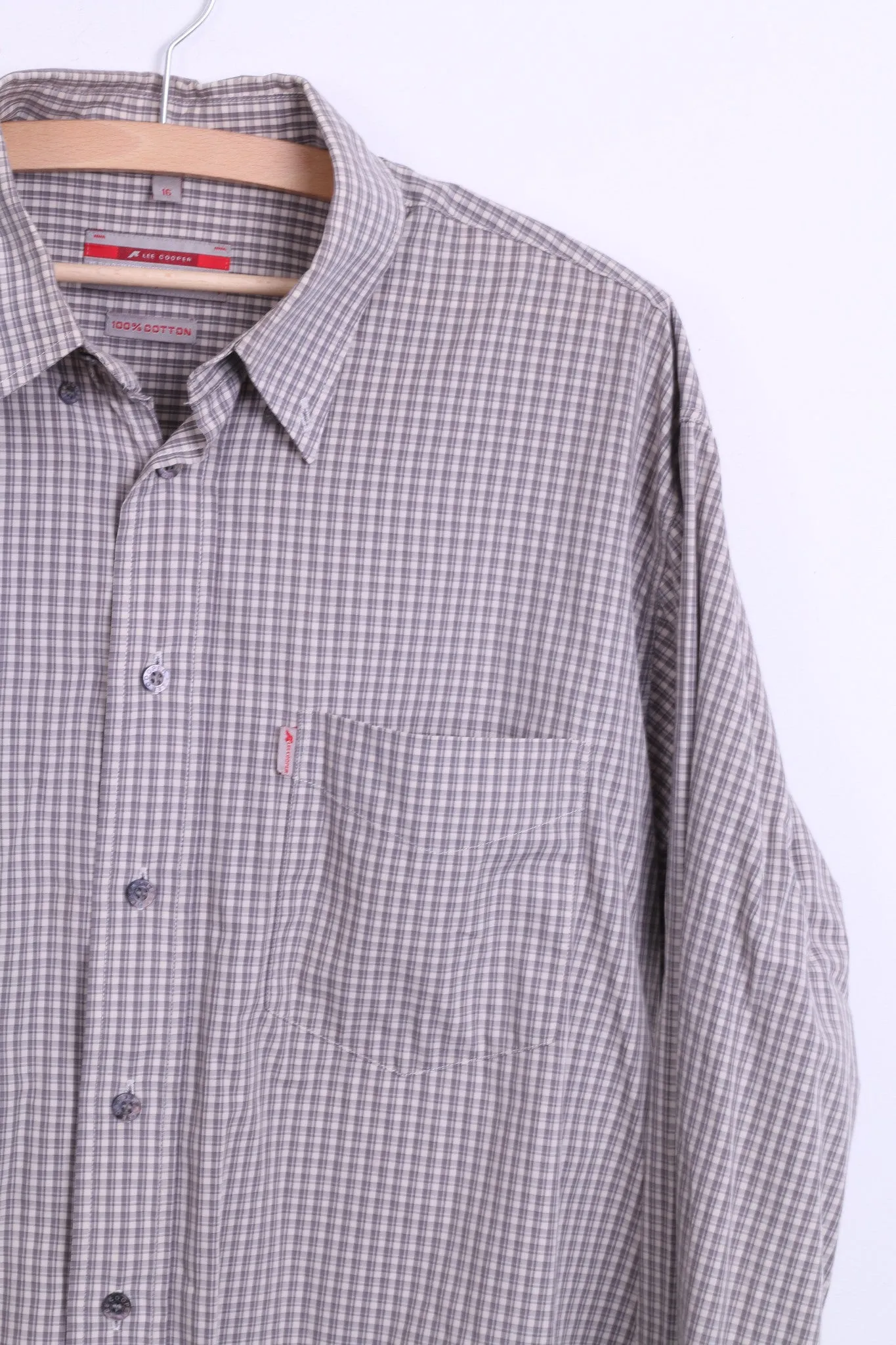 Lee Cooper Mens 16 XL Casual Shirt Check Cotton Top Grey Beige