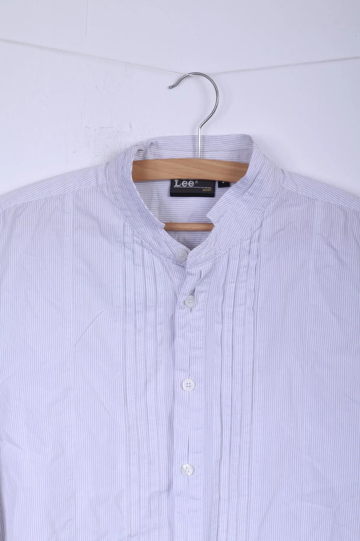 Lee Mens L Casual Shirt Stand Up Collar Striped White Long Sleeve Top