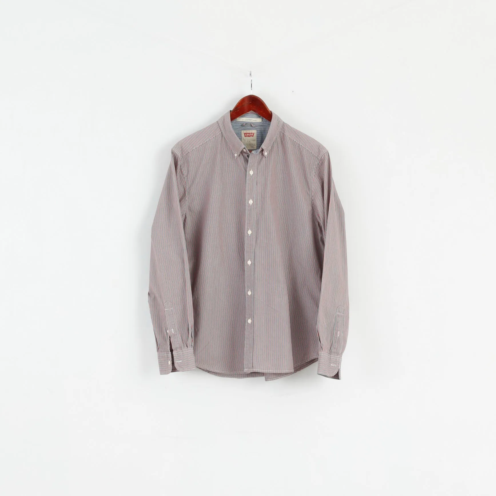 Levi's Mens L Casual Shirt Blue Red Striped Cotton Standard Fit Long Sleeve