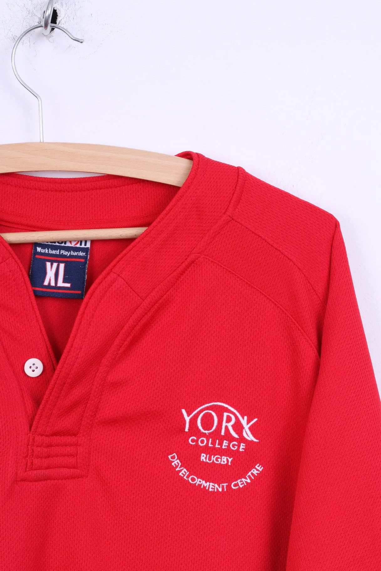 Macron Mens XL Shirt Rugby York College 15 Jersey Red V-Neck
