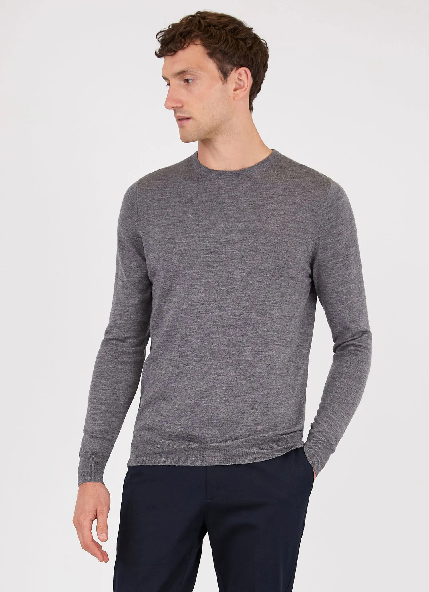 Men's Extra-Fine Merino Crew Neck in Grey Melange Sunspel
