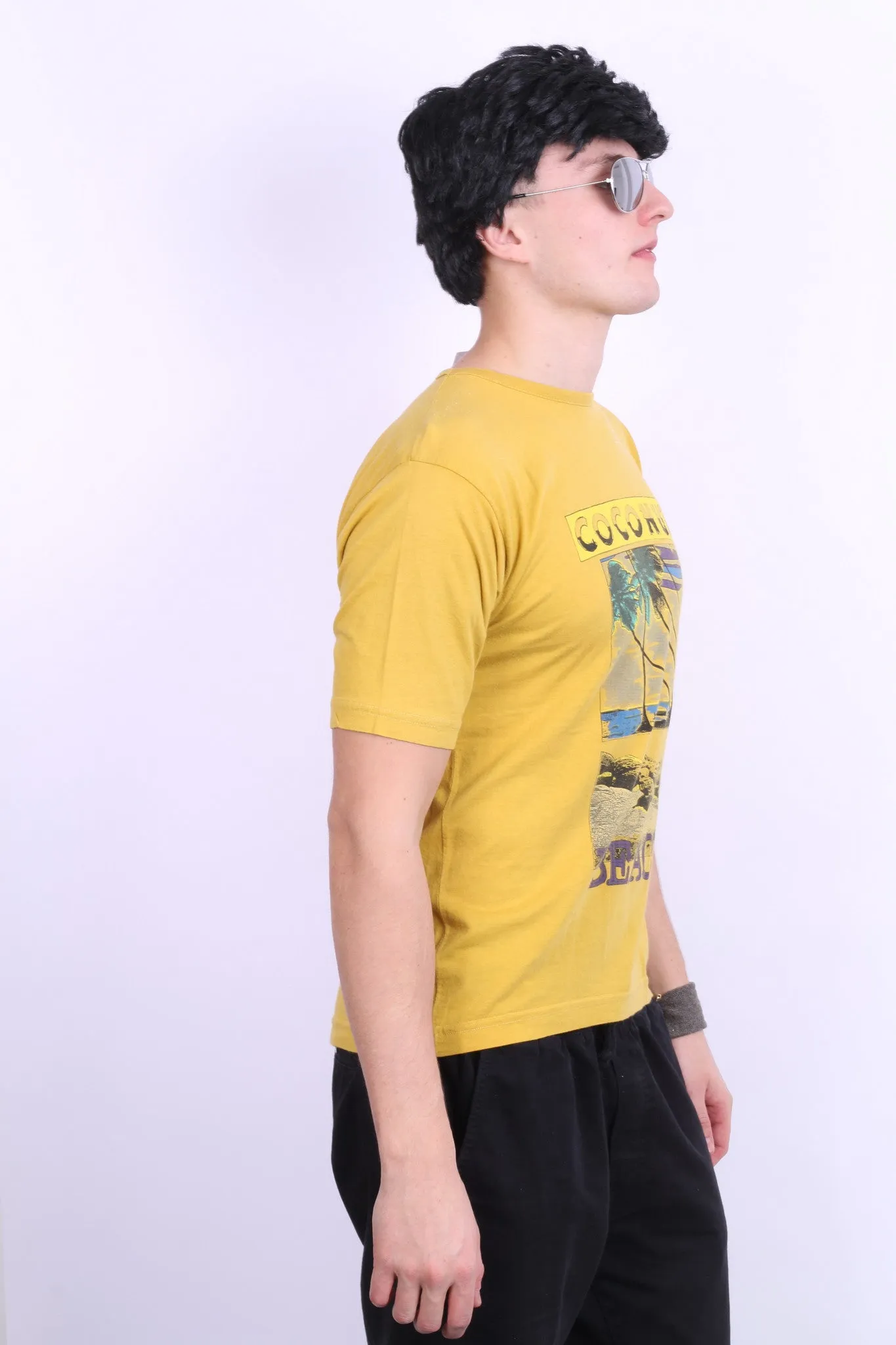 Mens L Shirt Mustard Coconut Beach Summer Short Sleeve