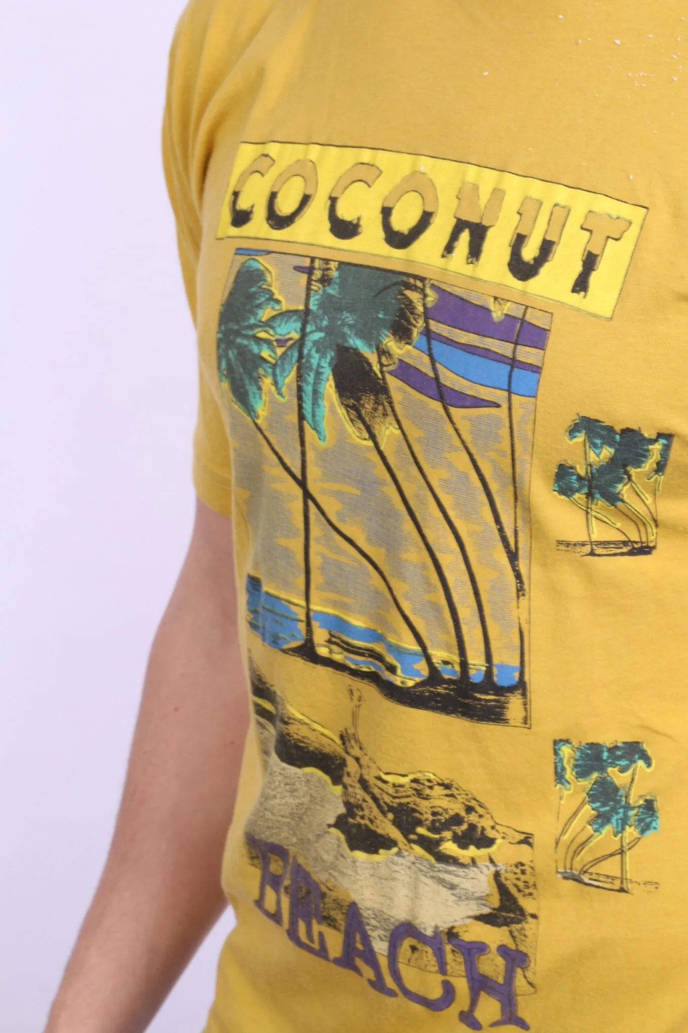 Mens L Shirt Mustard Coconut Beach Summer Short Sleeve
