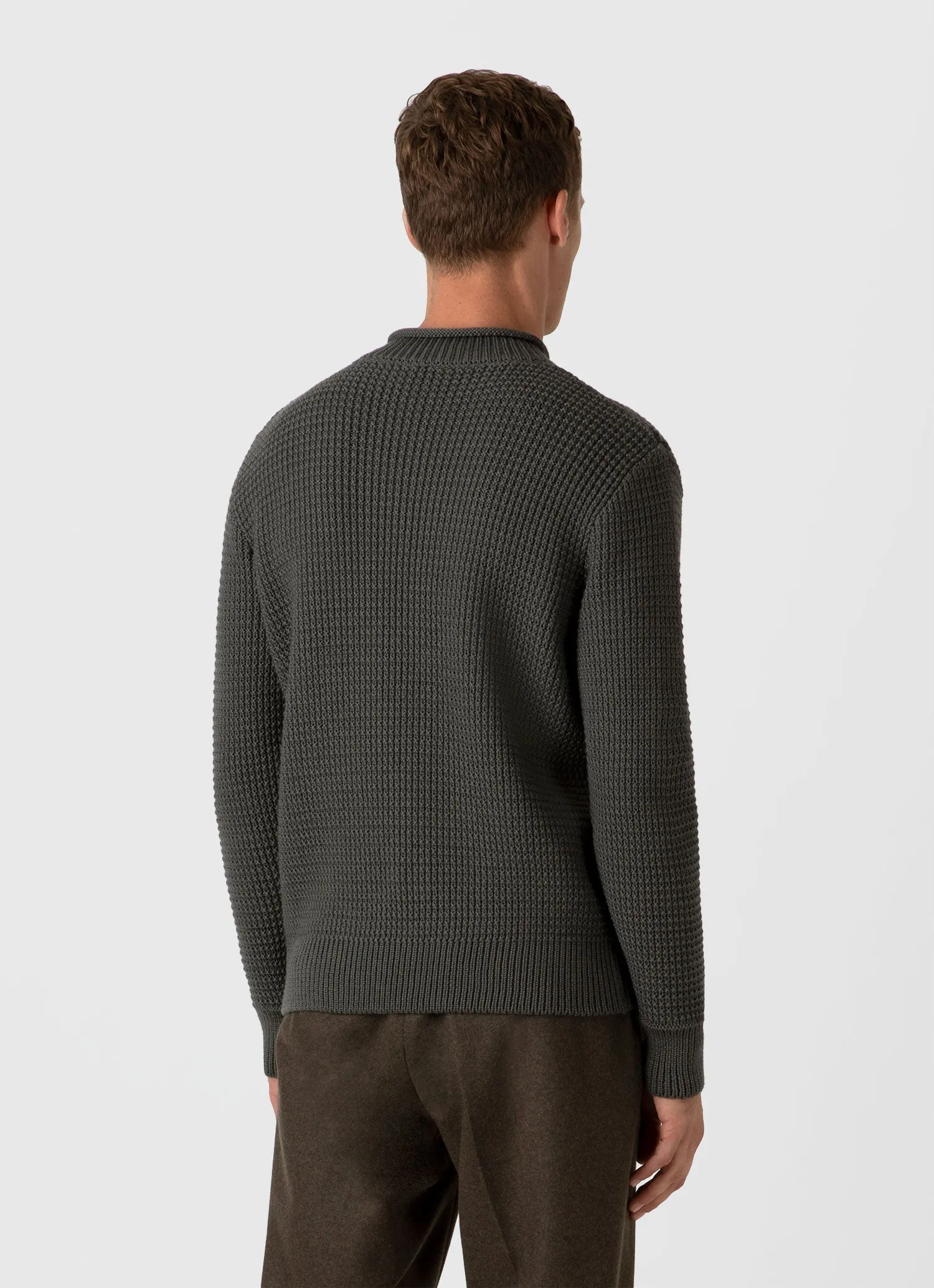 Men's Merino Fisherman Jumper in Khaki Sunspel