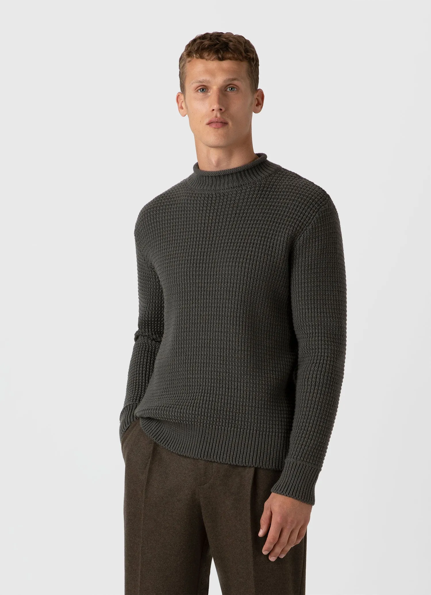 Men's Merino Fisherman Jumper in Khaki Sunspel