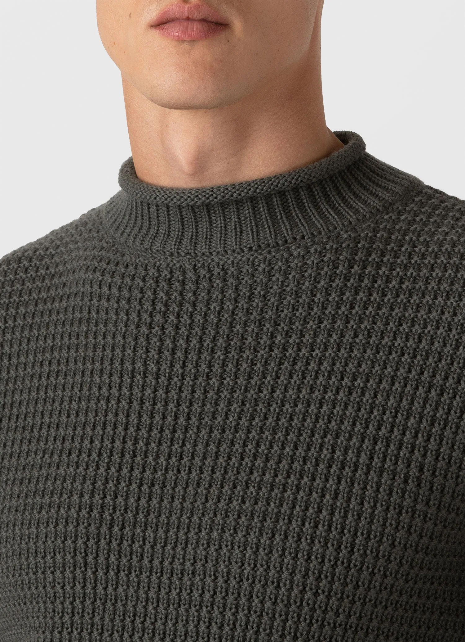 Men's Merino Fisherman Jumper in Khaki Sunspel