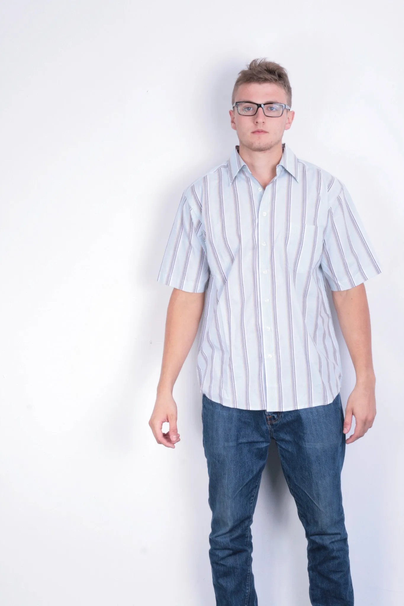 New Mens Classic Mens 52 XL Casual Shirt Short Sleeve Striped Blue Cotton