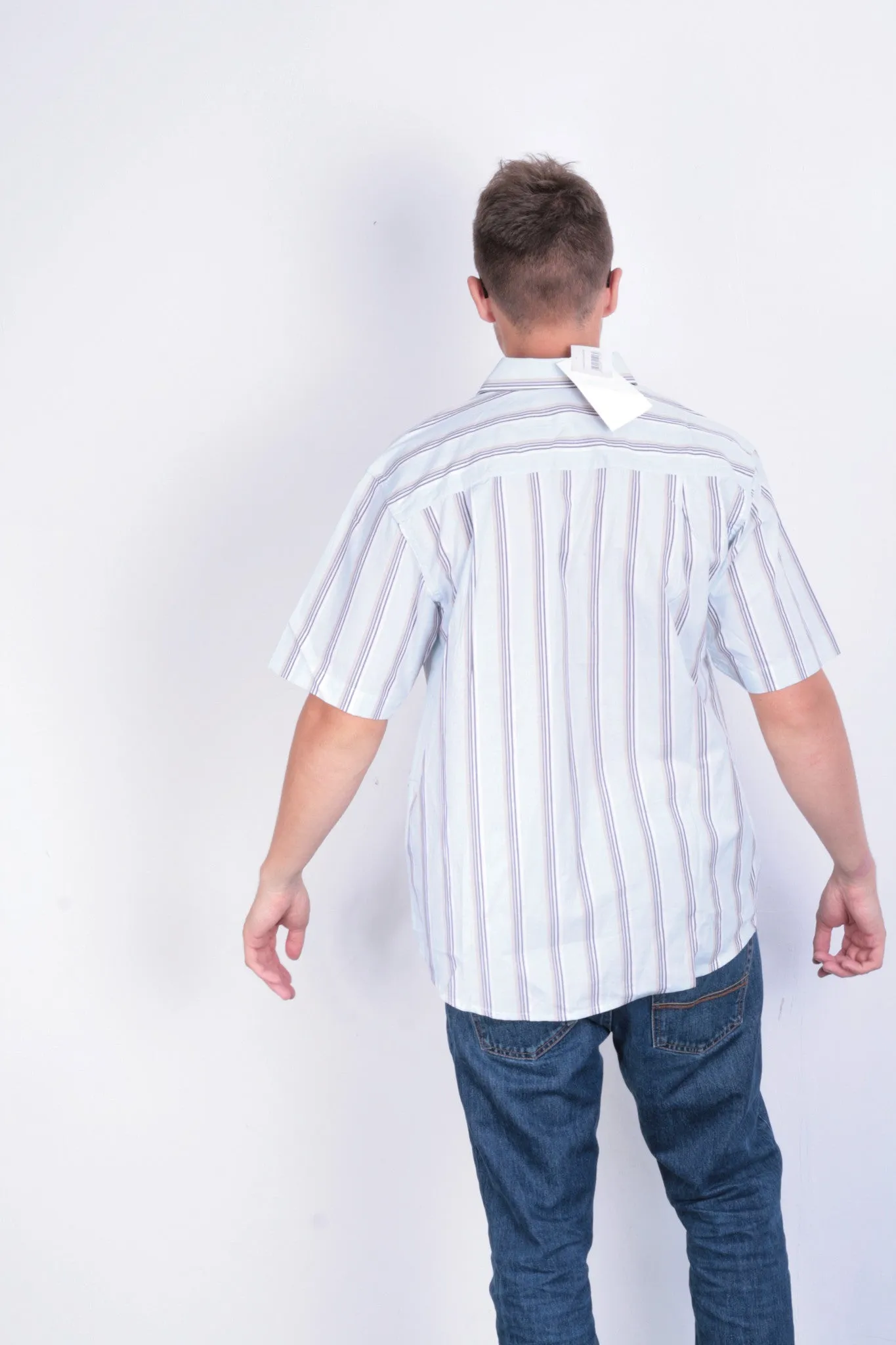 New Mens Classic Mens 52 XL Casual Shirt Short Sleeve Striped Blue Cotton