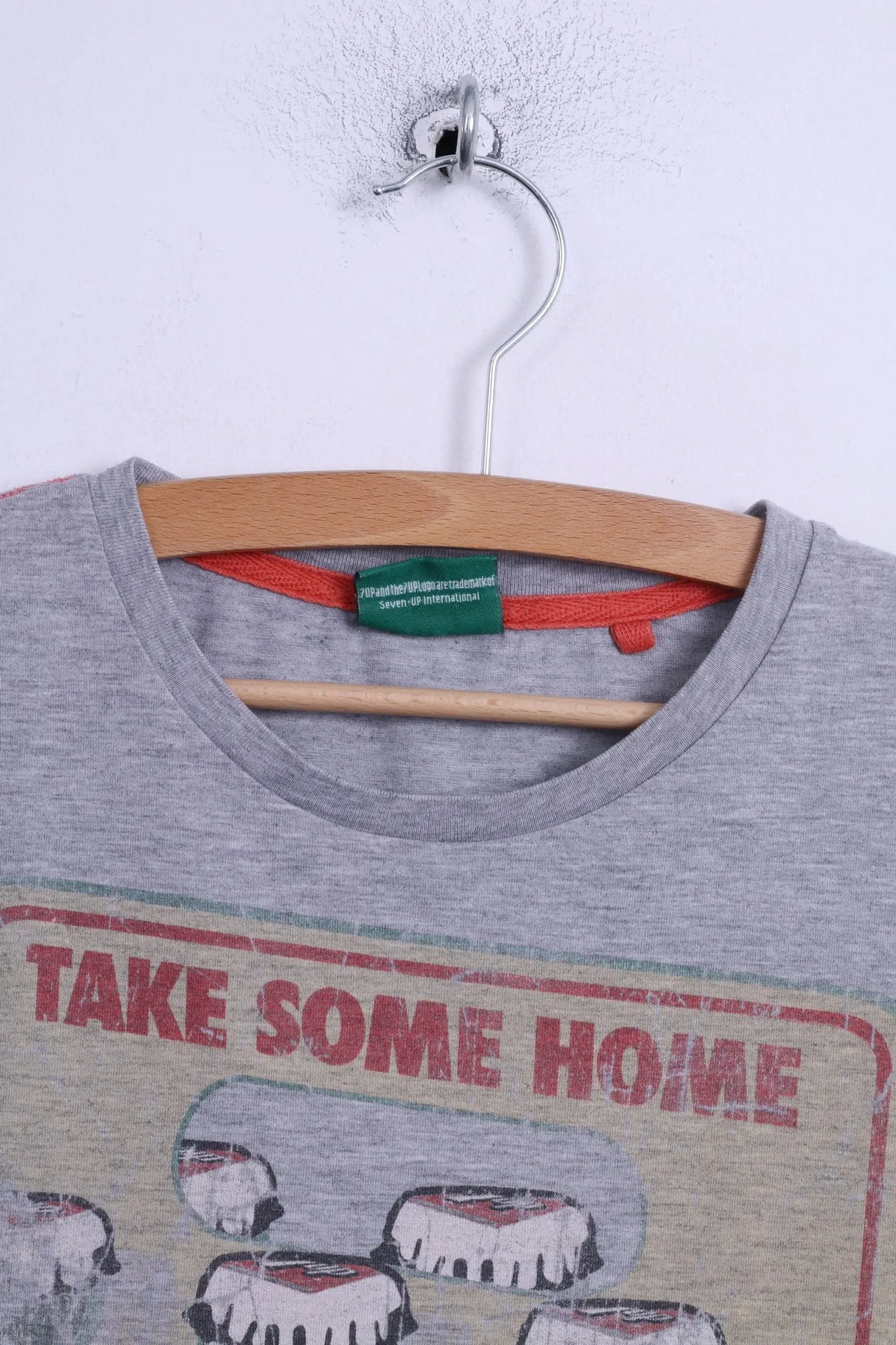 Next Mens M (S) T-Shirt Grey Cotton Graphic 7 Up Seven Up Drink