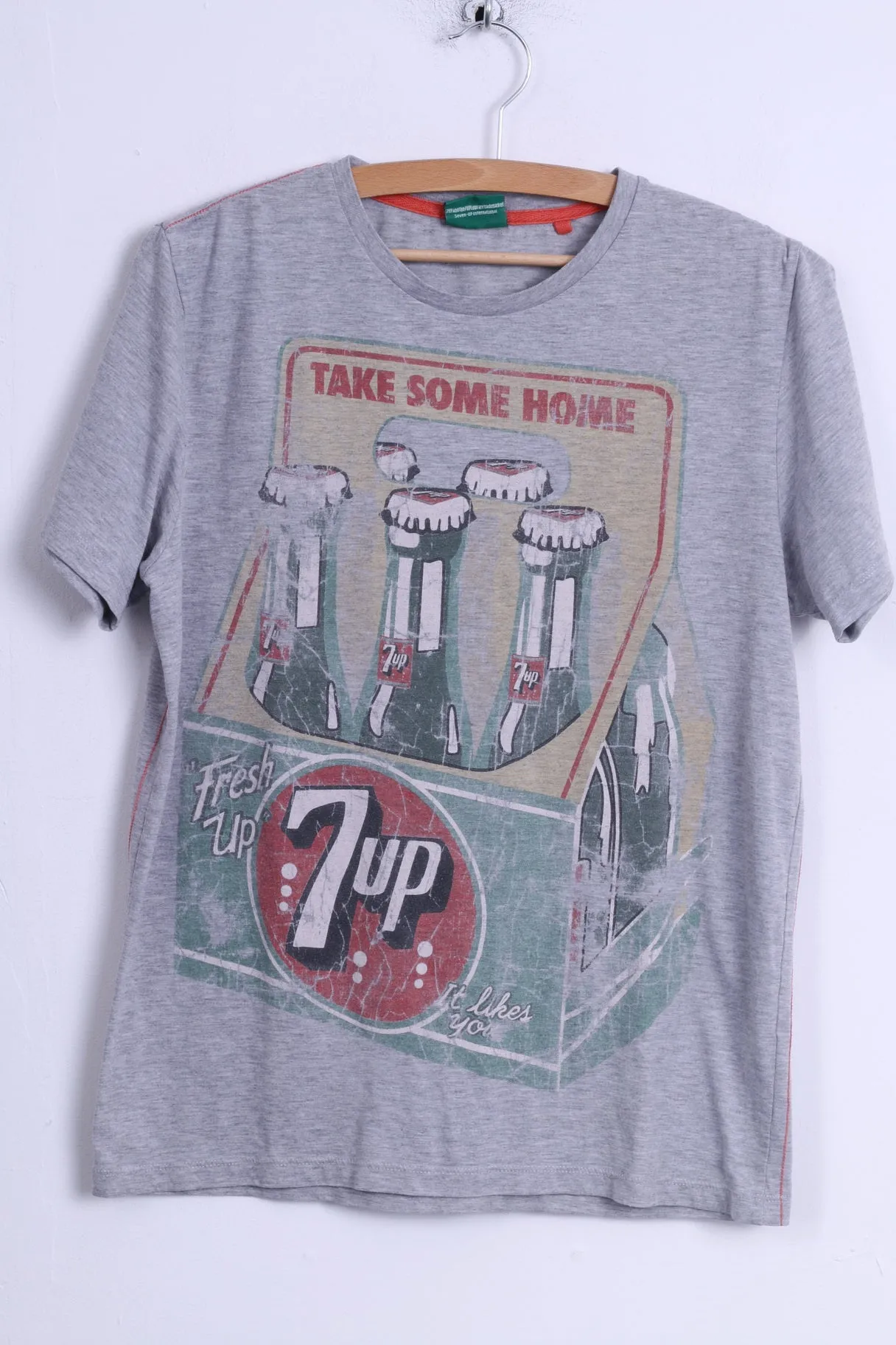 Next Mens M (S) T-Shirt Grey Cotton Graphic 7 Up Seven Up Drink