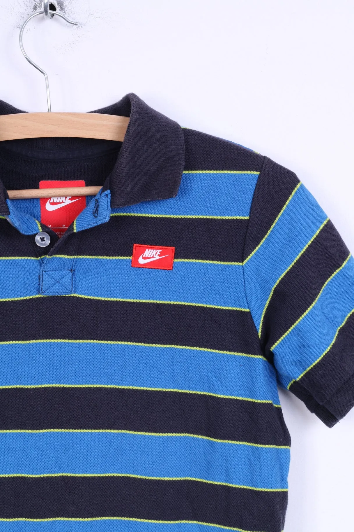 Nike Mens M Polo Shirt Striped Blue Cotton Short Sleeve