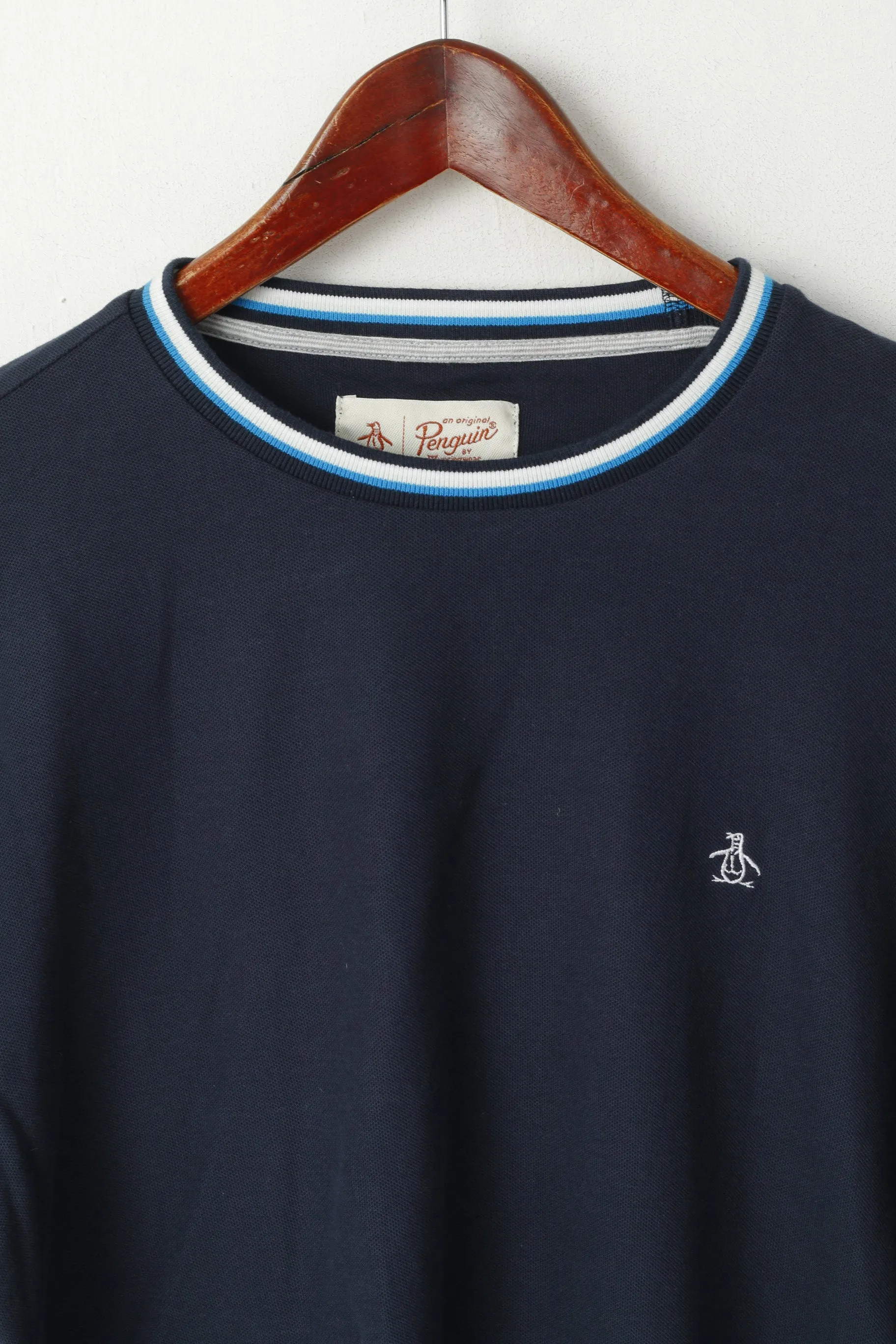 Original Penguin Mens L Shirt Navy Cotton Logo Stretch Plain Crew Neck Top