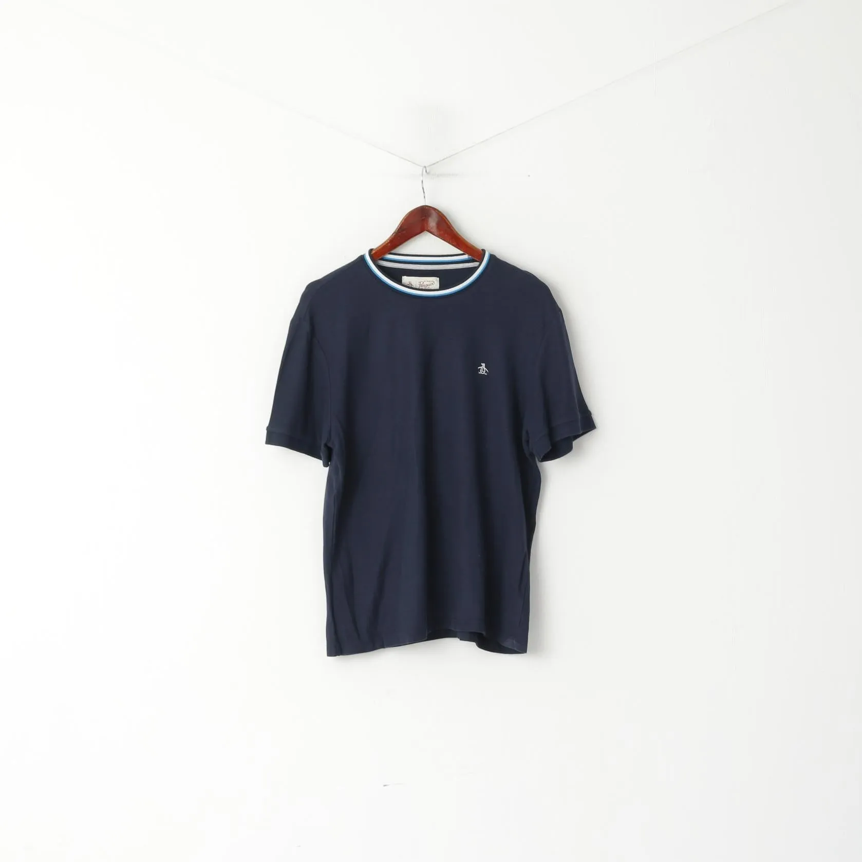 Original Penguin Mens L Shirt Navy Cotton Logo Stretch Plain Crew Neck Top