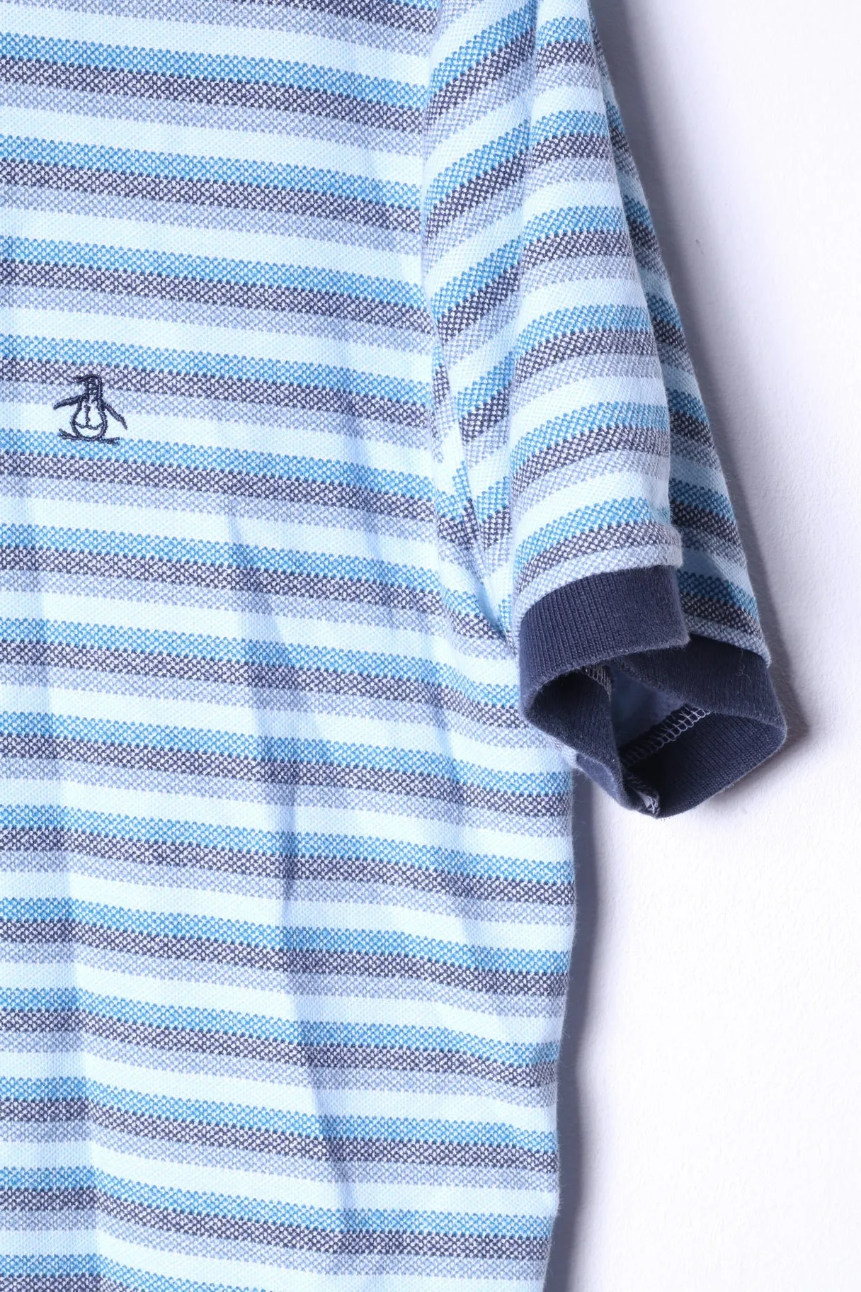 Penguin Mens L (M) Polo Shirt Blue Striped Cotton Buttons Detailed Top