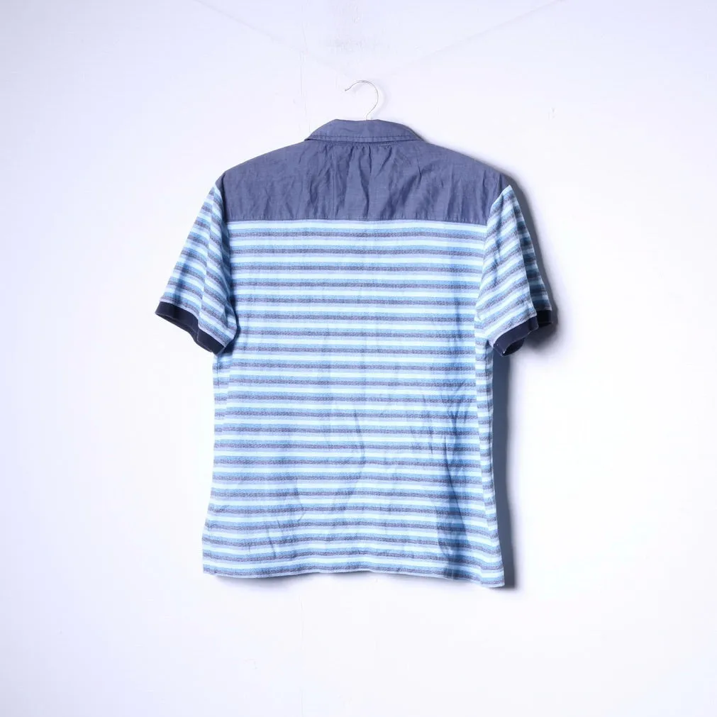 Penguin Mens L (M) Polo Shirt Blue Striped Cotton Buttons Detailed Top