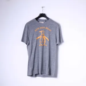 Penguin Mens L T-Shirt Grey Cotton Stretch Crew Neck Graphic Relax