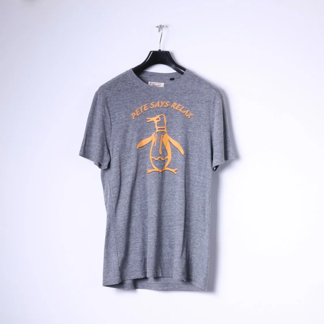 Penguin Mens L T-Shirt Grey Cotton Stretch Crew Neck Graphic Relax