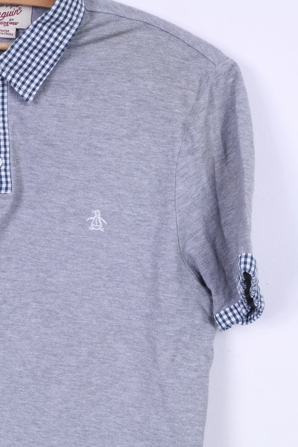 Penguin Mens M Polo Shirt Grey Cotton Checkered Collar Slim Fit