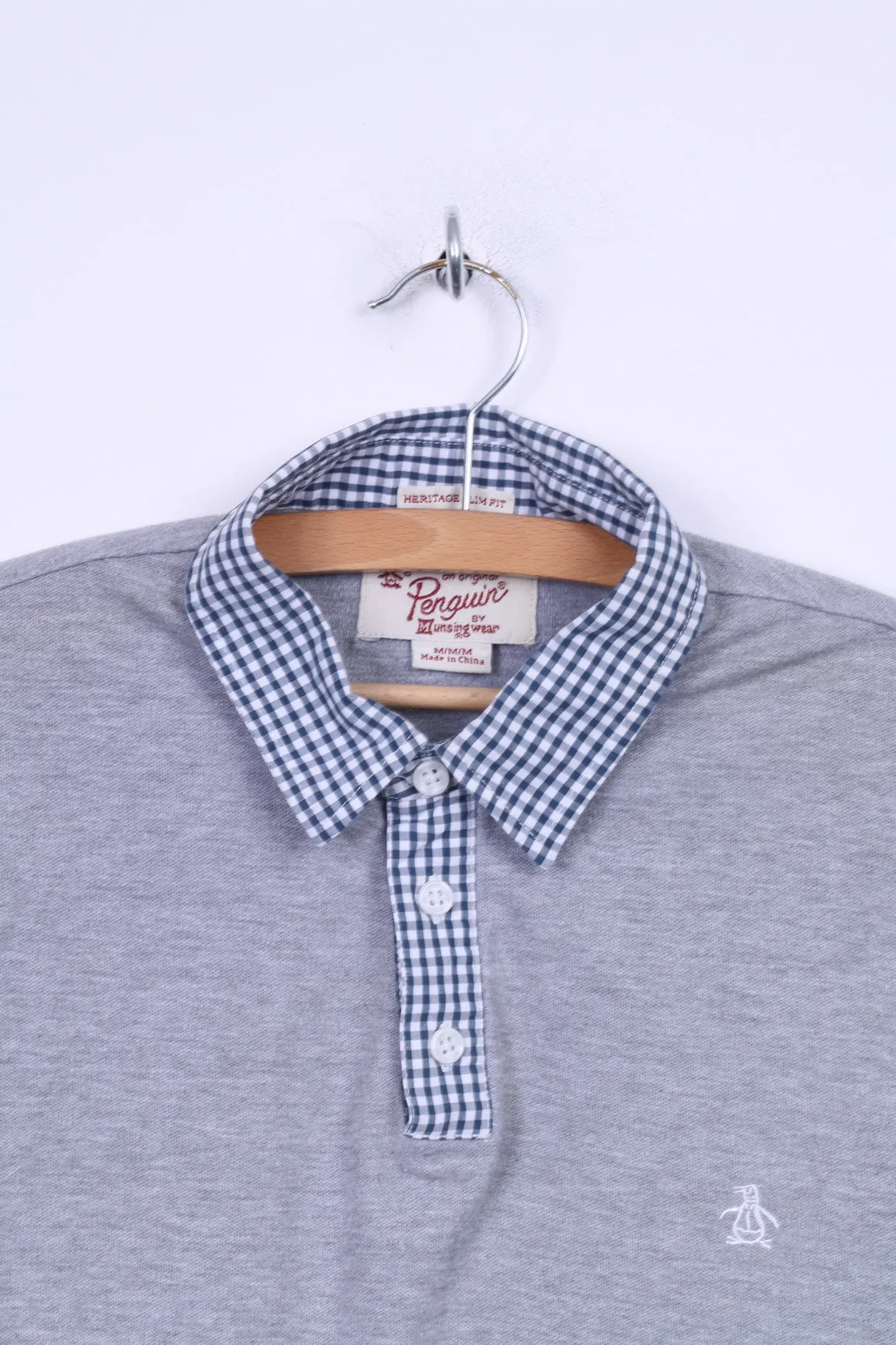 Penguin Mens M Polo Shirt Grey Cotton Checkered Collar Slim Fit