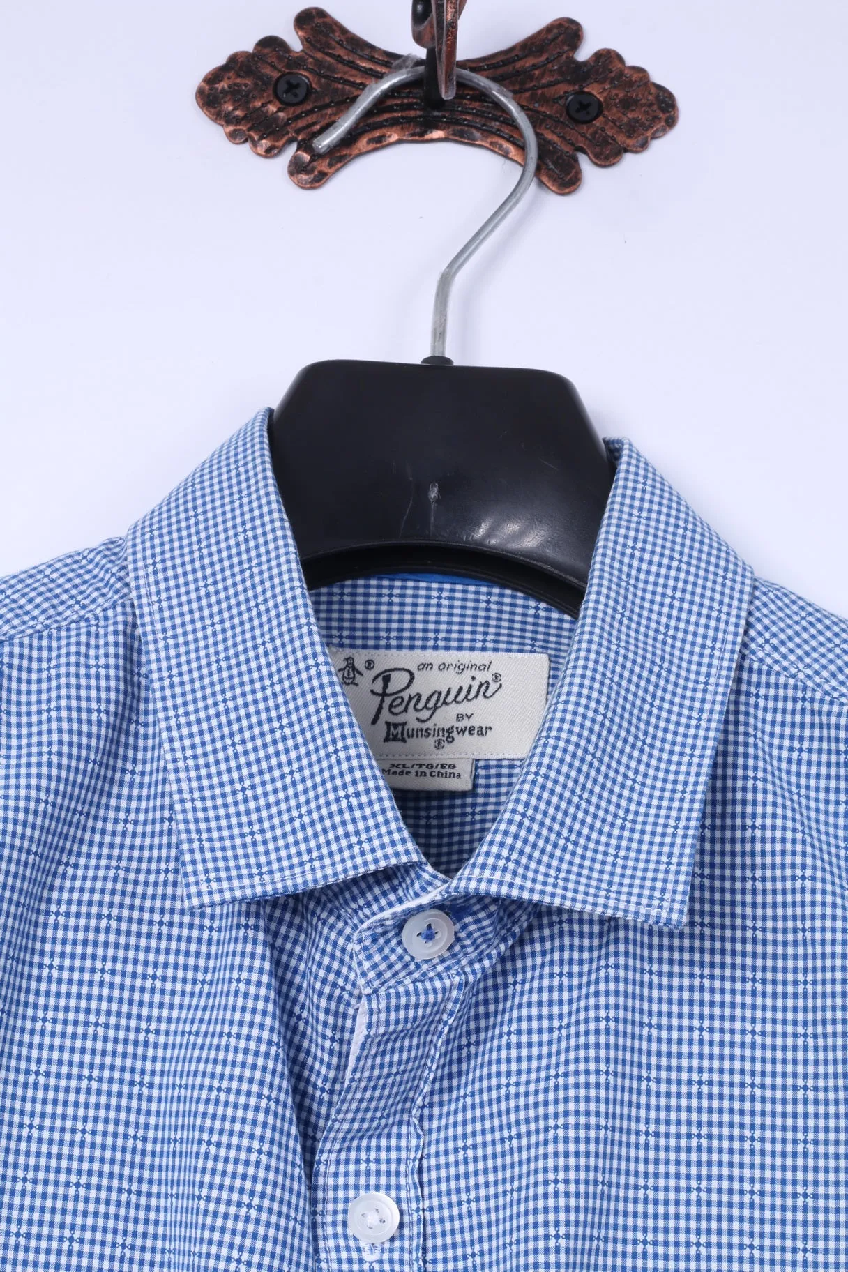 Penguin Mens XL Casual Shirt Mini Check Blue Cotton Heritage Slim Fit Top