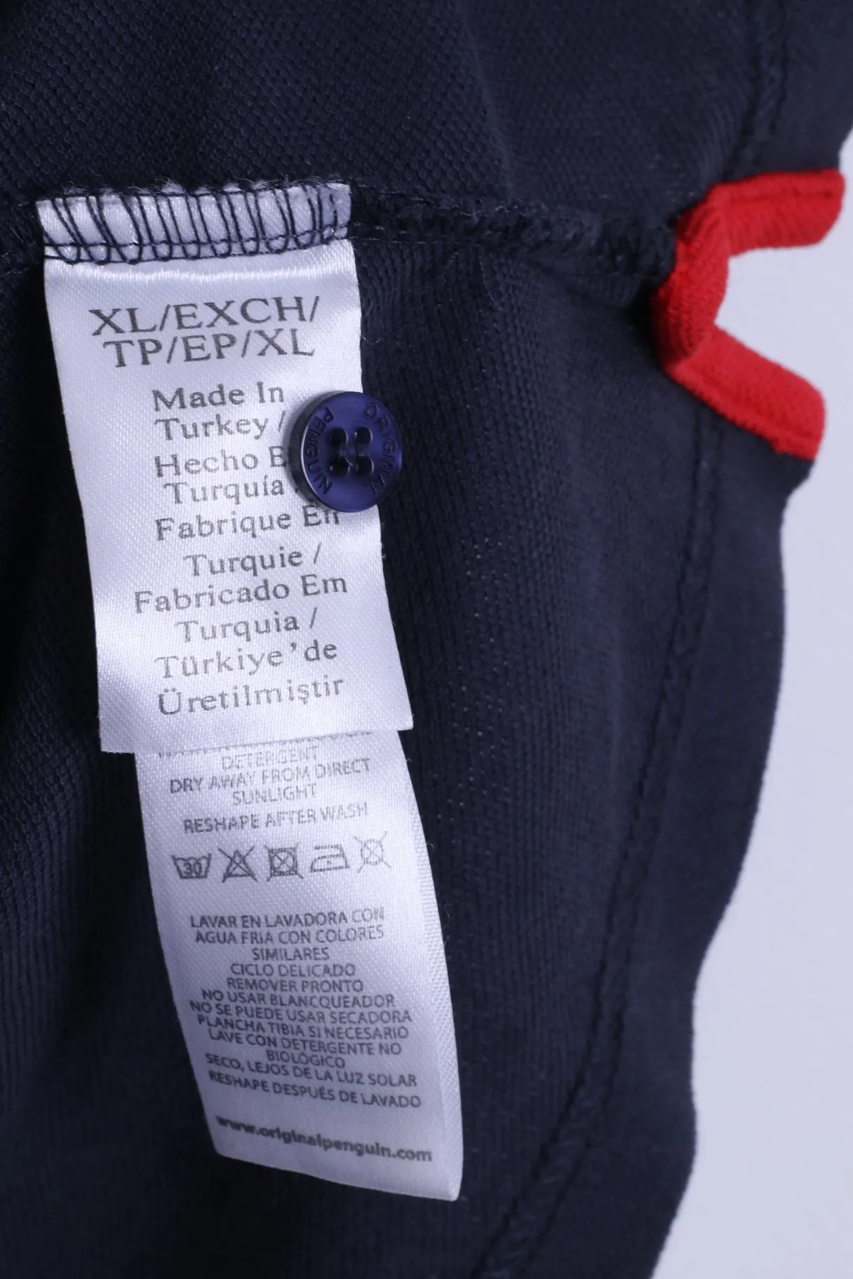 Penguin Mens XL Polo Shirt Navy Cotton Red Collar Detailed Buttons
