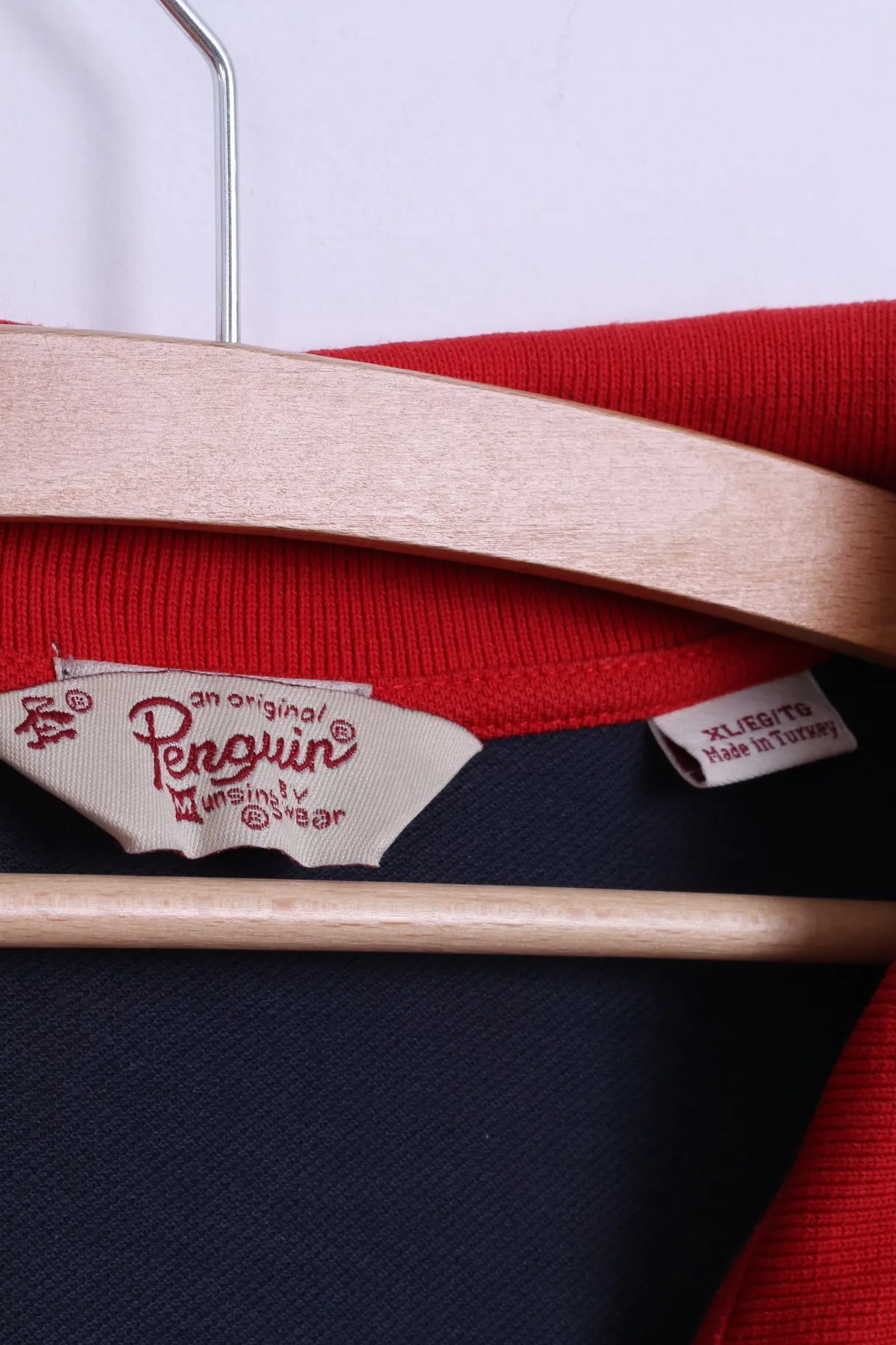 Penguin Mens XL Polo Shirt Navy Cotton Red Collar Detailed Buttons
