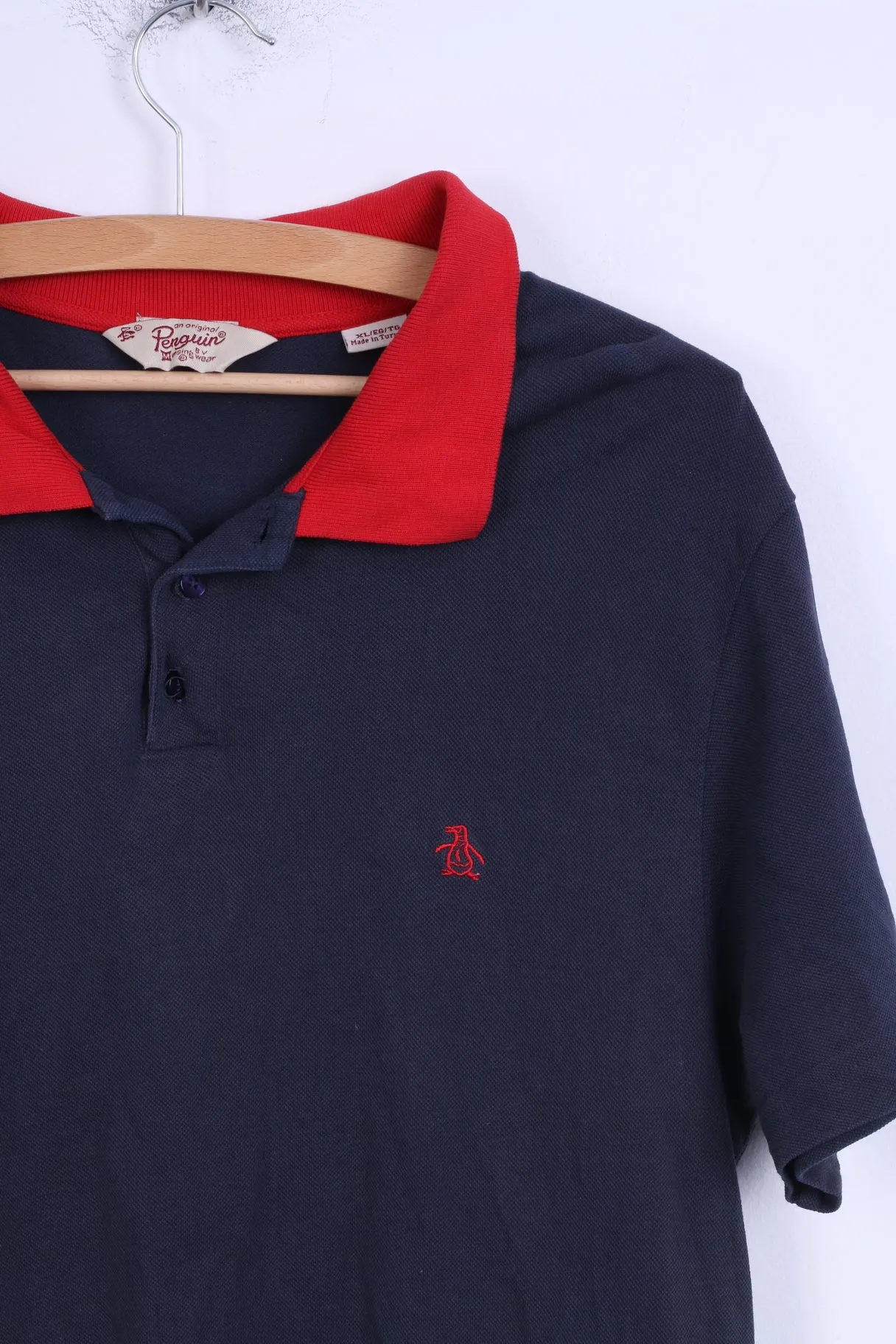 Penguin Mens XL Polo Shirt Navy Cotton Red Collar Detailed Buttons